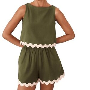 B Women's Olive Green Scalloped Trim Tank Top & Shorts pajamas Set S